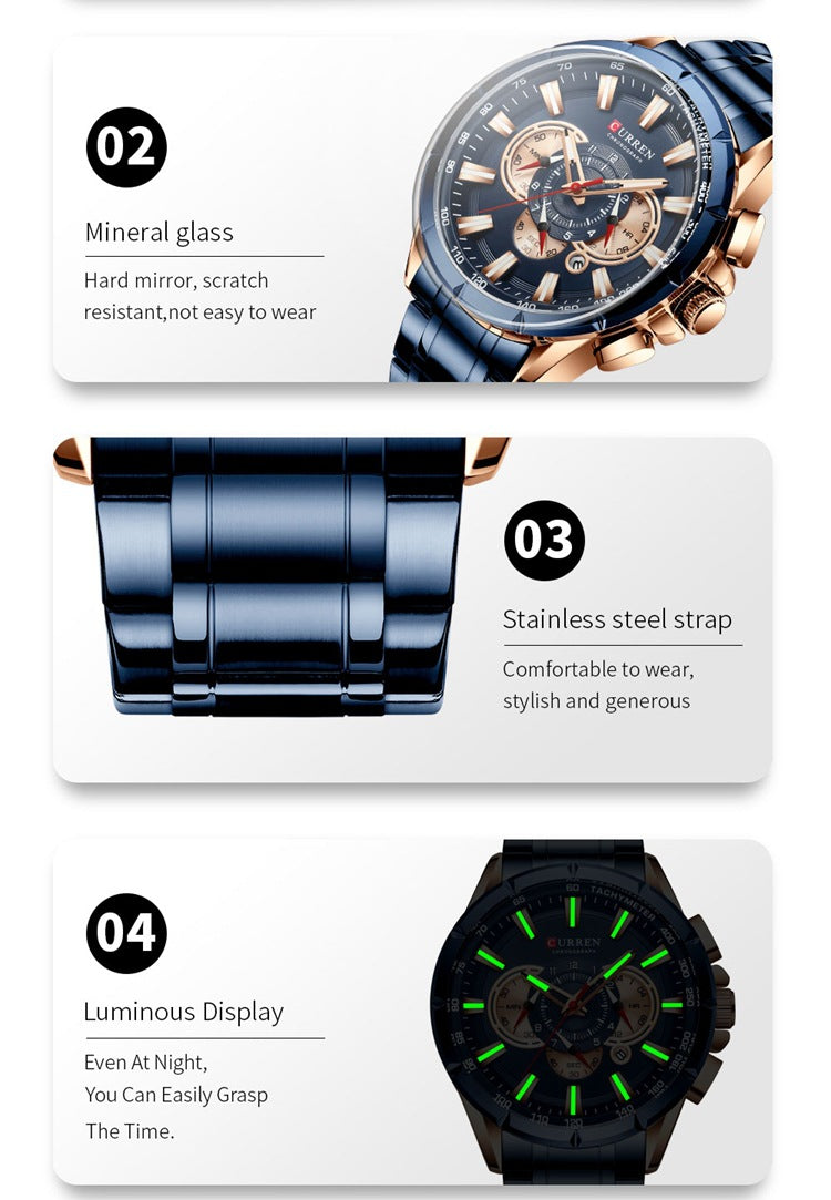 Men's Quartz Watch With Stainless Steel Strap And Pin Buckle Featuring Round Dial And Tempered Glass Mirror