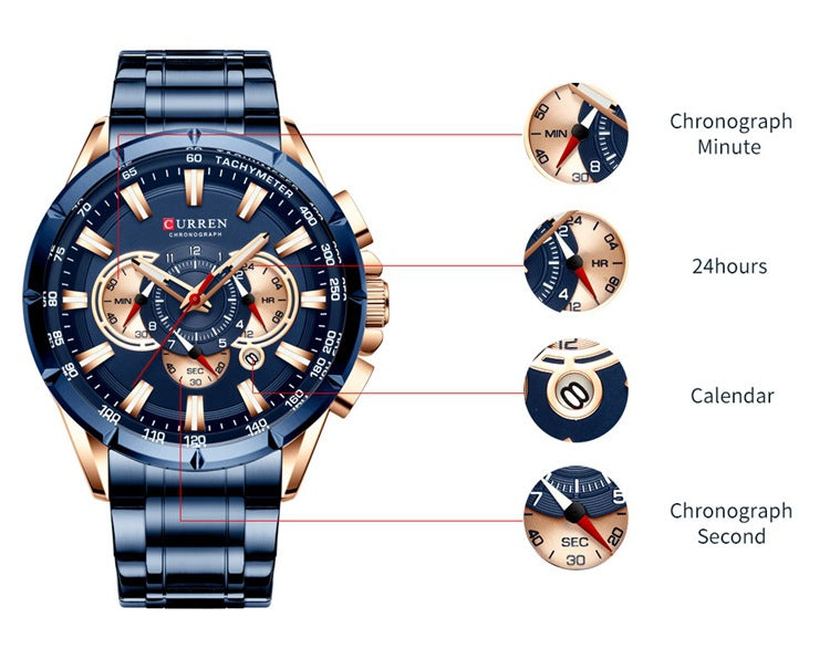 Men's Quartz Watch With Stainless Steel Strap And Pin Buckle Featuring Round Dial And Tempered Glass Mirror
