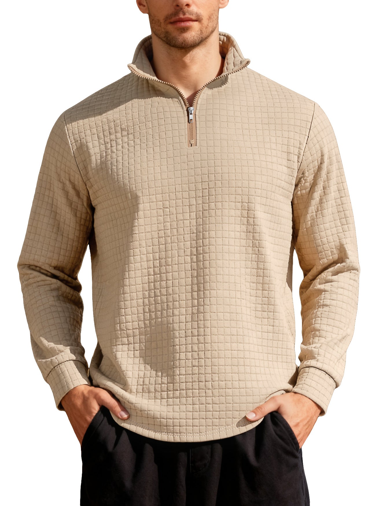 Men's Business Gingham Long Sleeve Hoodie In White Polyester