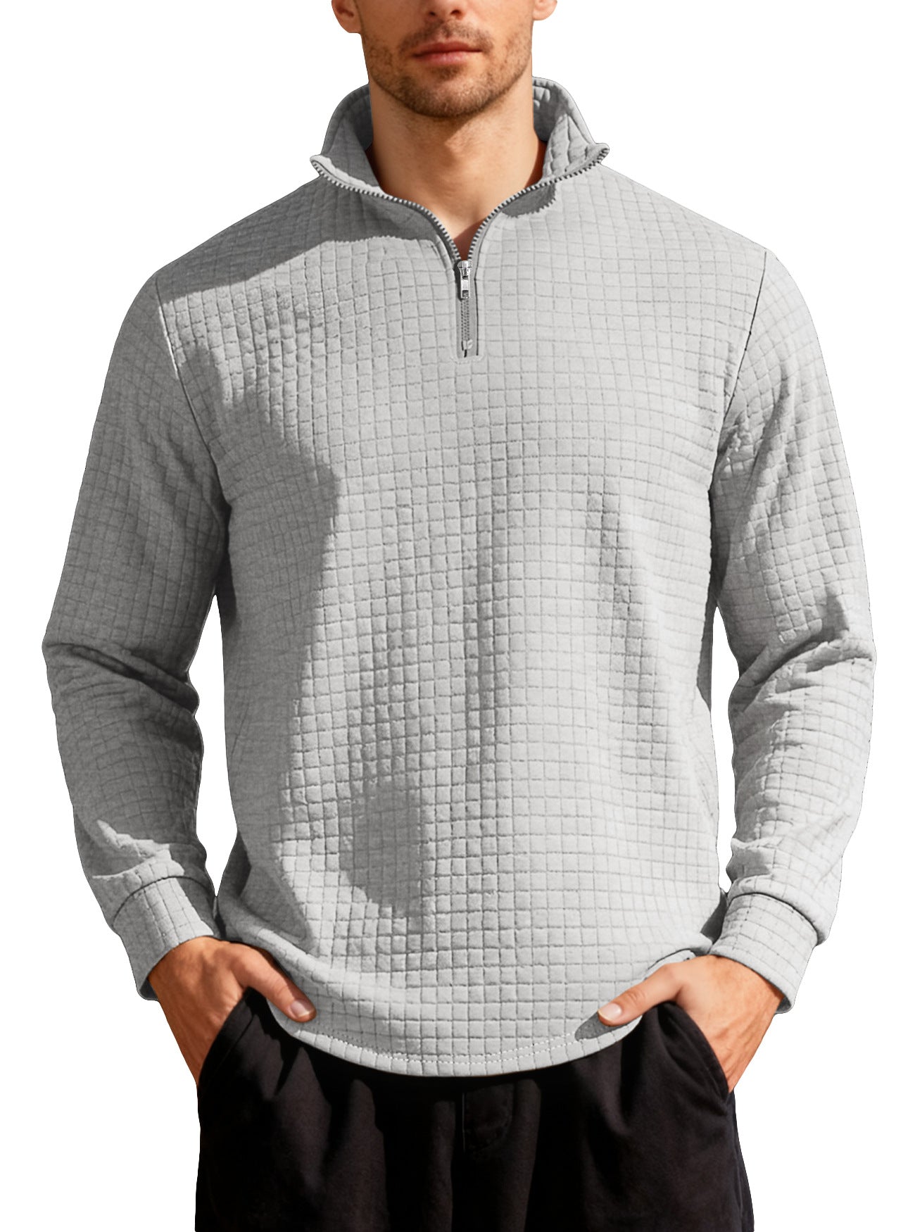 Men's Business Gingham Long Sleeve Hoodie In White Polyester