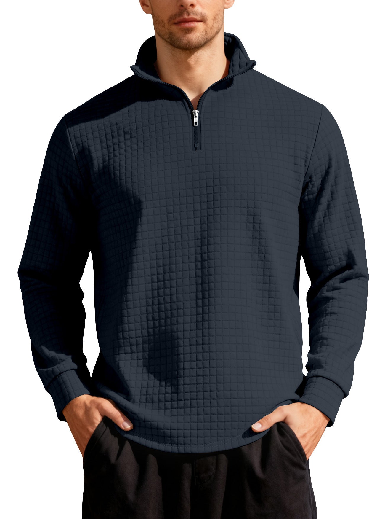 Men's Business Gingham Long Sleeve Hoodie In White Polyester