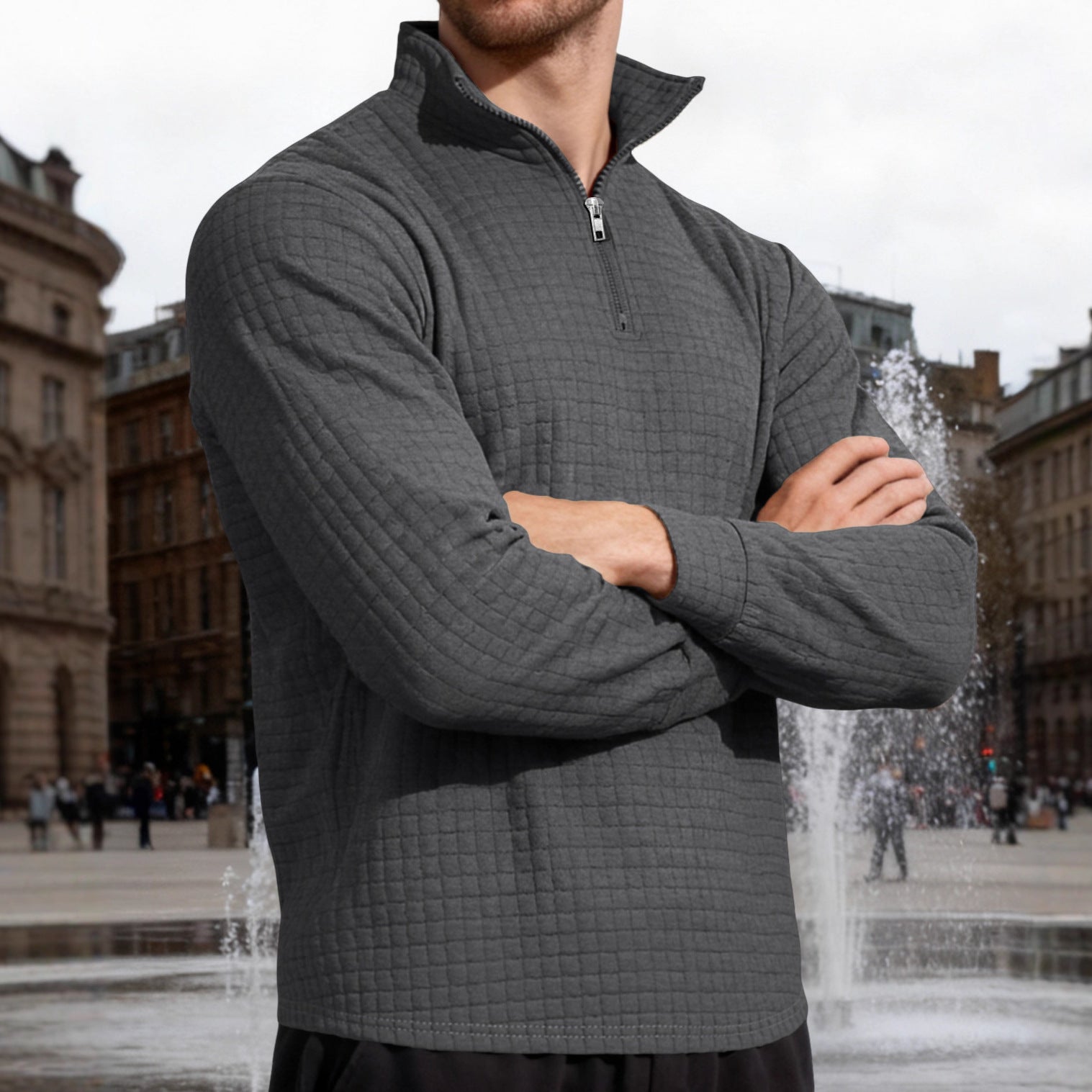Men's Business Gingham Long Sleeve Hoodie In White Polyester