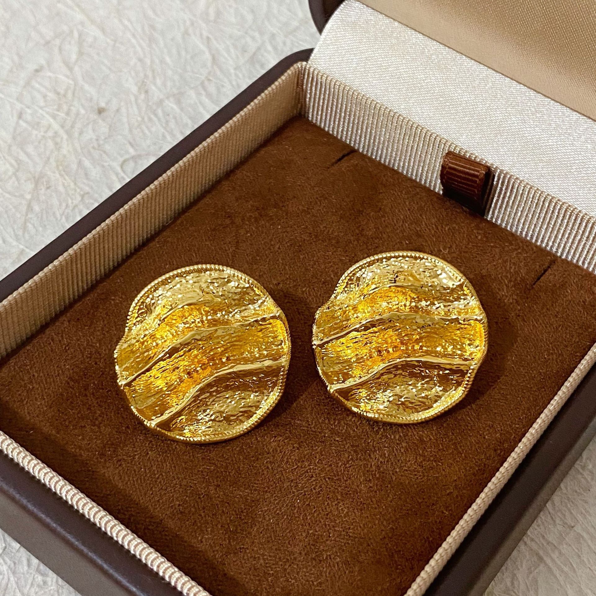 Folds Copper Stud Earrings With Real Gold Plated Finish, Exaggerated Style For Women