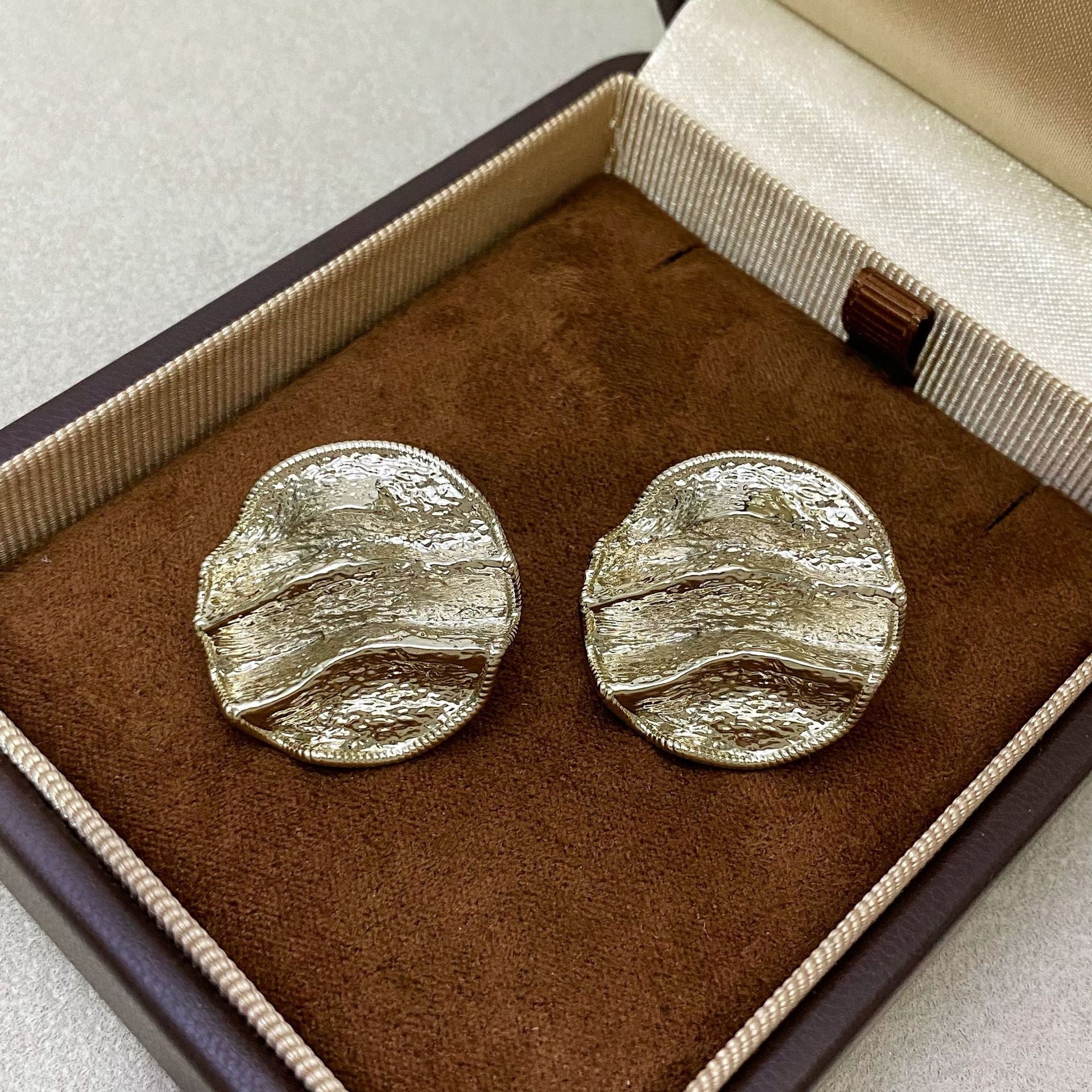 Folds Copper Stud Earrings With Real Gold Plated Finish, Exaggerated Style For Women