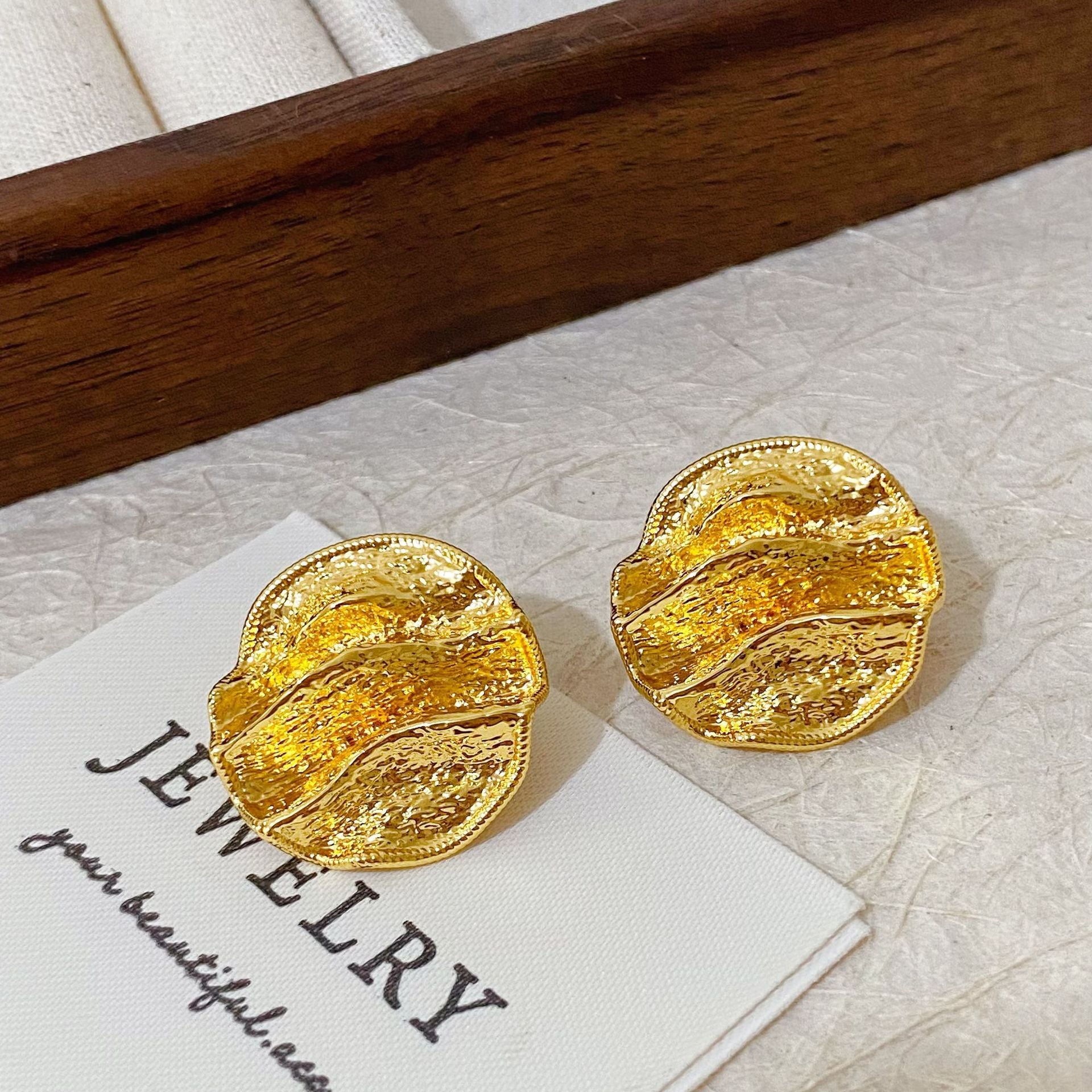 Folds Copper Stud Earrings With Real Gold Plated Finish, Exaggerated Style For Women