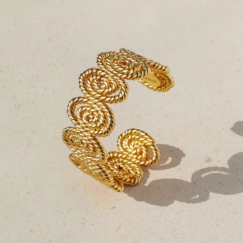 Elaborate Sun Wide Bracelet Bangle In Gold Electroplated Copper With Stretch Adjustable Clasp