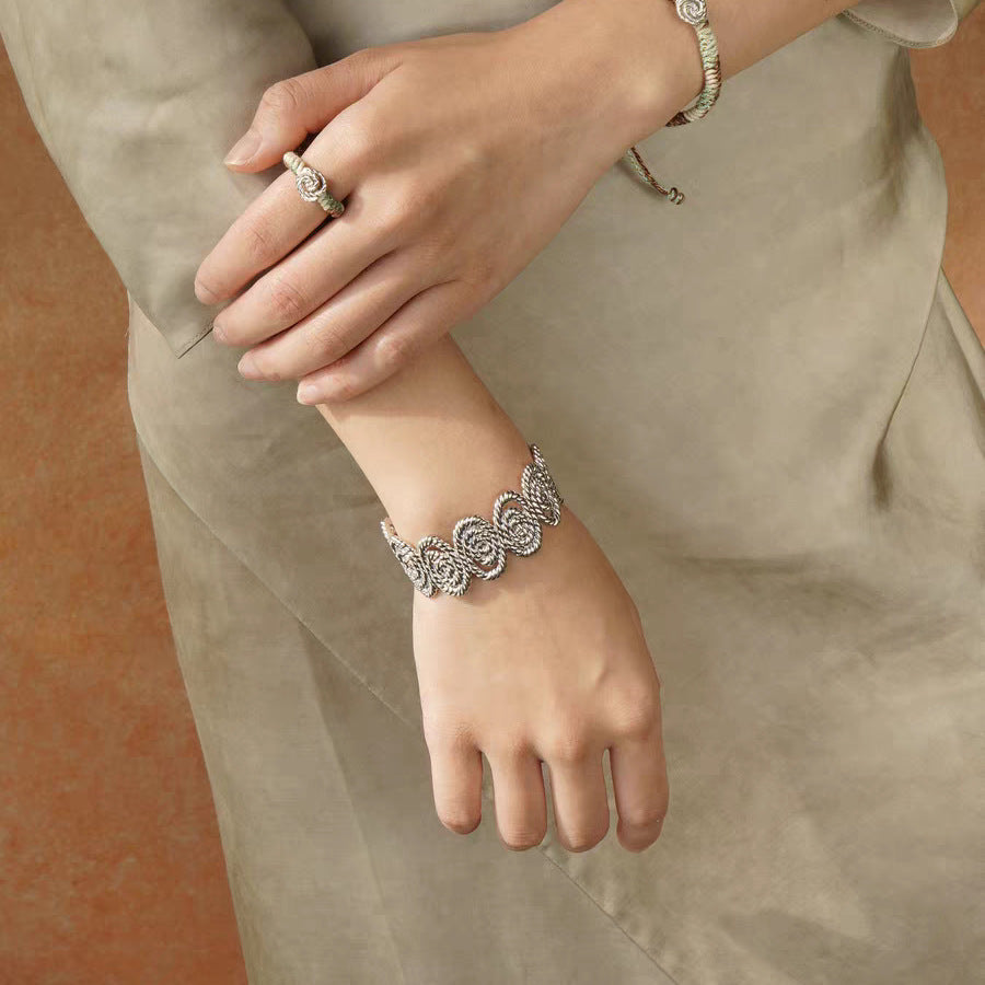 Elaborate Sun Wide Bracelet Bangle In Gold Electroplated Copper With Stretch Adjustable Clasp