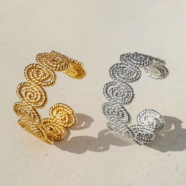 Elaborate Sun Wide Bracelet Bangle In Gold Electroplated Copper With Stretch Adjustable Clasp