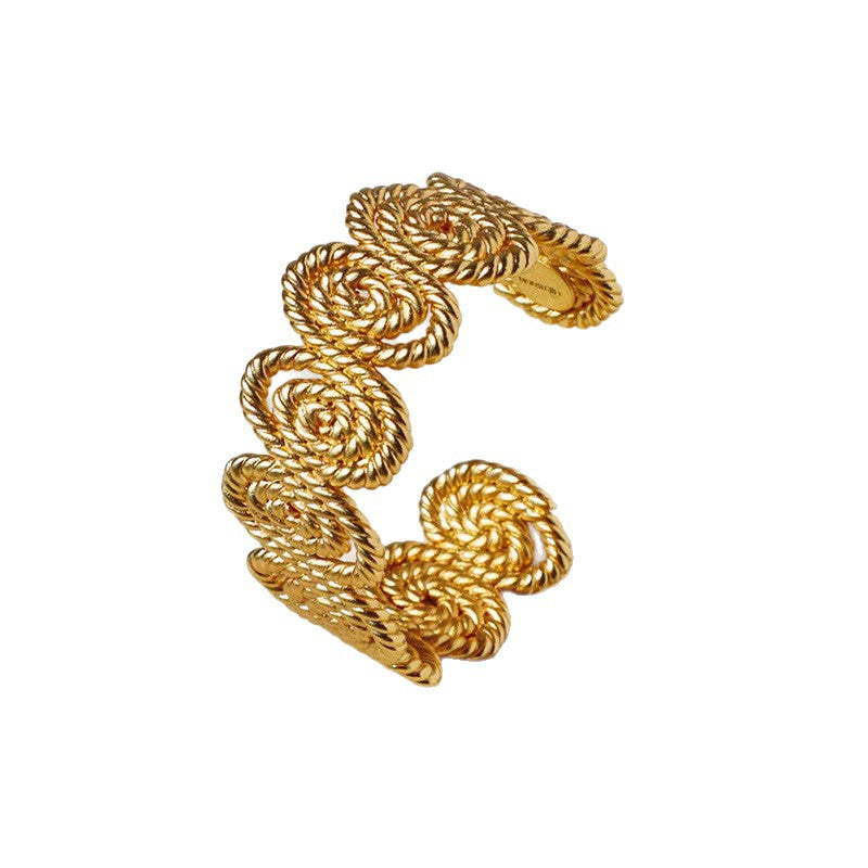 Elaborate Sun Wide Bracelet Bangle In Gold Electroplated Copper With Stretch Adjustable Clasp