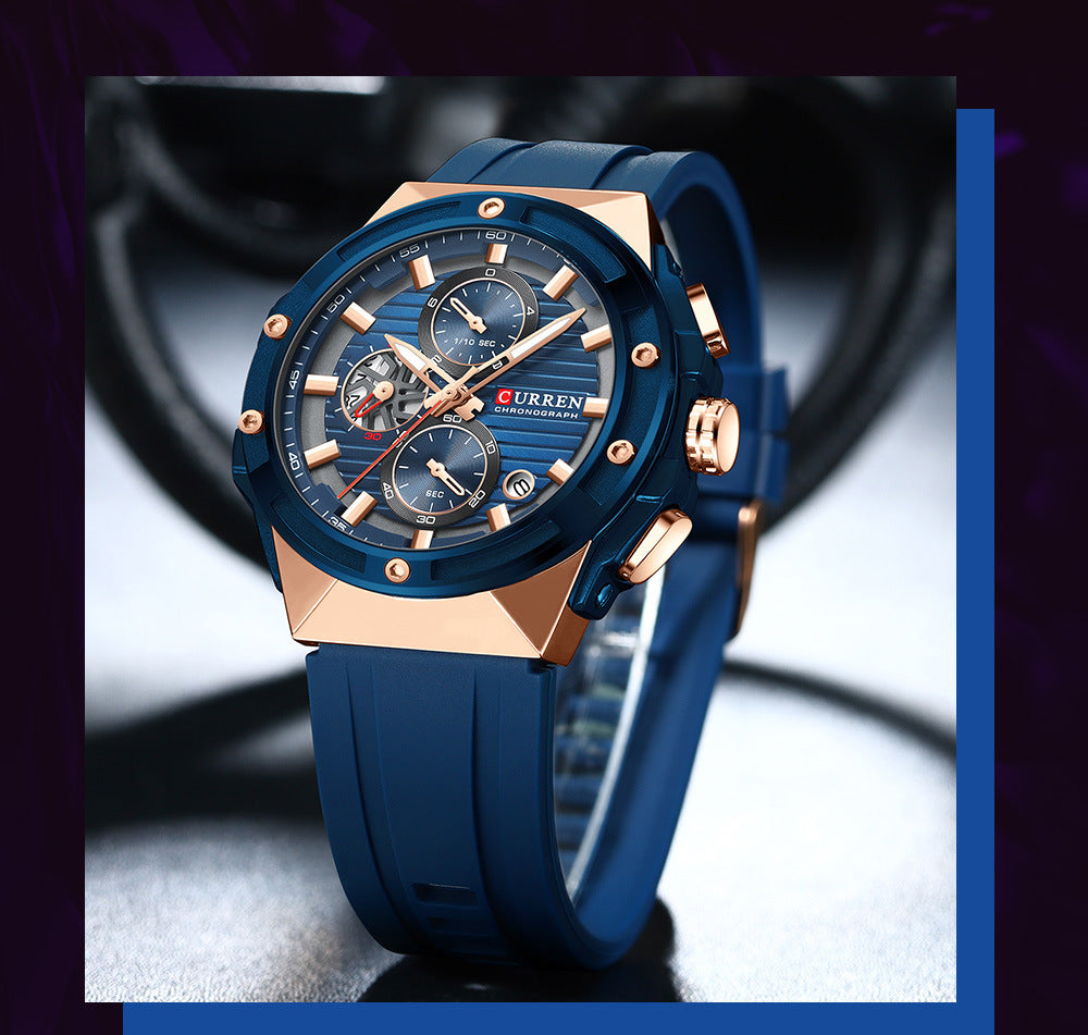 Men's Quartz Watch With Silica Gel Strap And Pin Buckle, Round Dial Featuring Ordinary Glass Mirror And Pointer Display