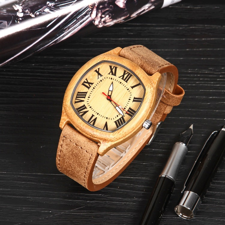 Men's Quartz Watch With Genuine Leather Strap And Pin Buckle, Featuring Tempered Glass Mirror And Pointer Display