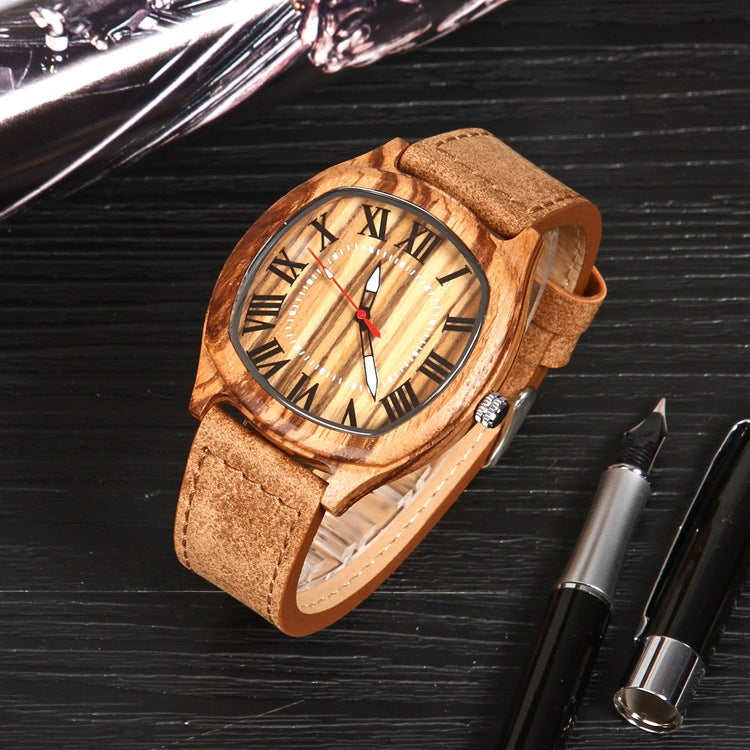 Men's Quartz Watch With Genuine Leather Strap And Pin Buckle, Featuring Tempered Glass Mirror And Pointer Display