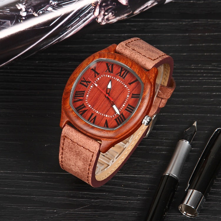 Men's Quartz Watch With Genuine Leather Strap And Pin Buckle, Featuring Tempered Glass Mirror And Pointer Display