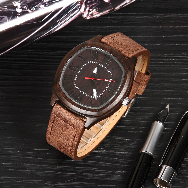 Men's Quartz Watch With Genuine Leather Strap And Pin Buckle, Featuring Tempered Glass Mirror And Pointer Display