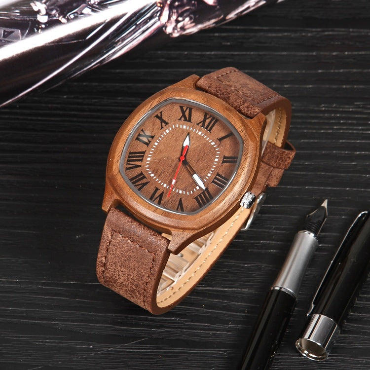 Men's Quartz Watch With Genuine Leather Strap And Pin Buckle, Featuring Tempered Glass Mirror And Pointer Display