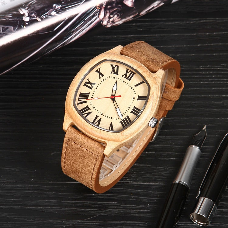 Men's Quartz Watch With Genuine Leather Strap And Pin Buckle, Featuring Tempered Glass Mirror And Pointer Display