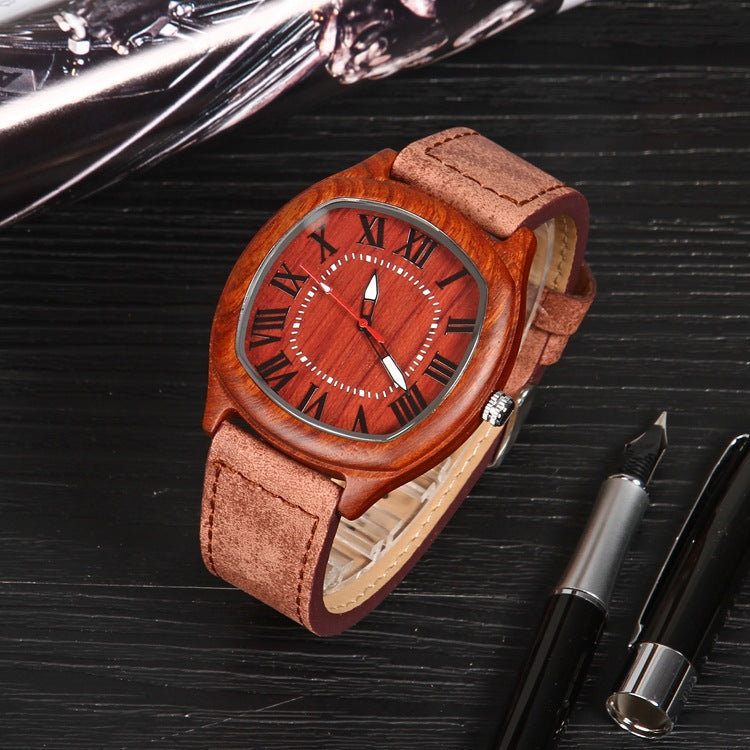 Men's Quartz Watch With Genuine Leather Strap And Pin Buckle, Featuring Tempered Glass Mirror And Pointer Display