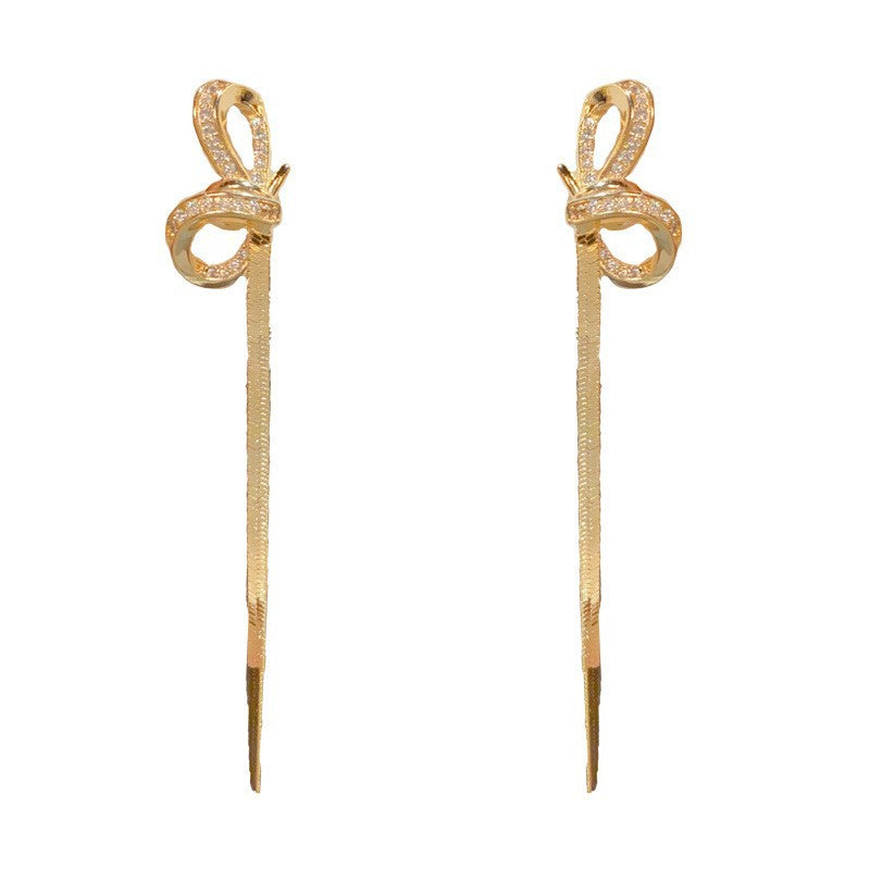 Bow Tie Tassel Drop Earrings For Women With Copper Ear Pins, Real Gold Plated And Zircon Inlay