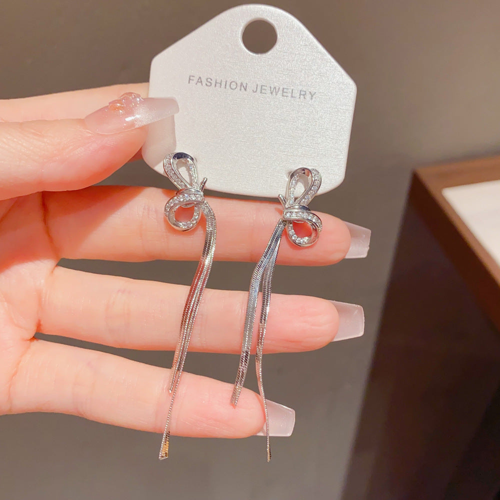 Bow Tie Tassel Drop Earrings For Women With Copper Ear Pins, Real Gold Plated And Zircon Inlay