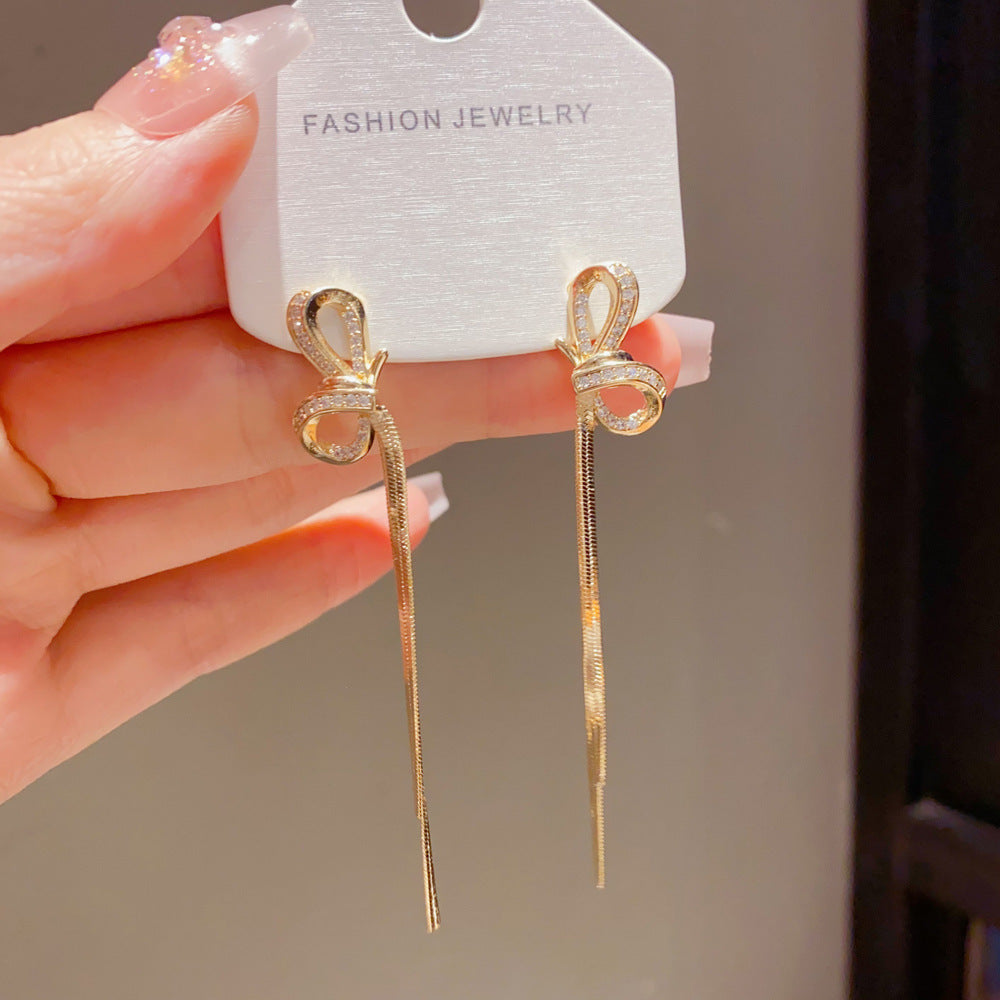 Bow Tie Tassel Drop Earrings For Women With Copper Ear Pins, Real Gold Plated And Zircon Inlay