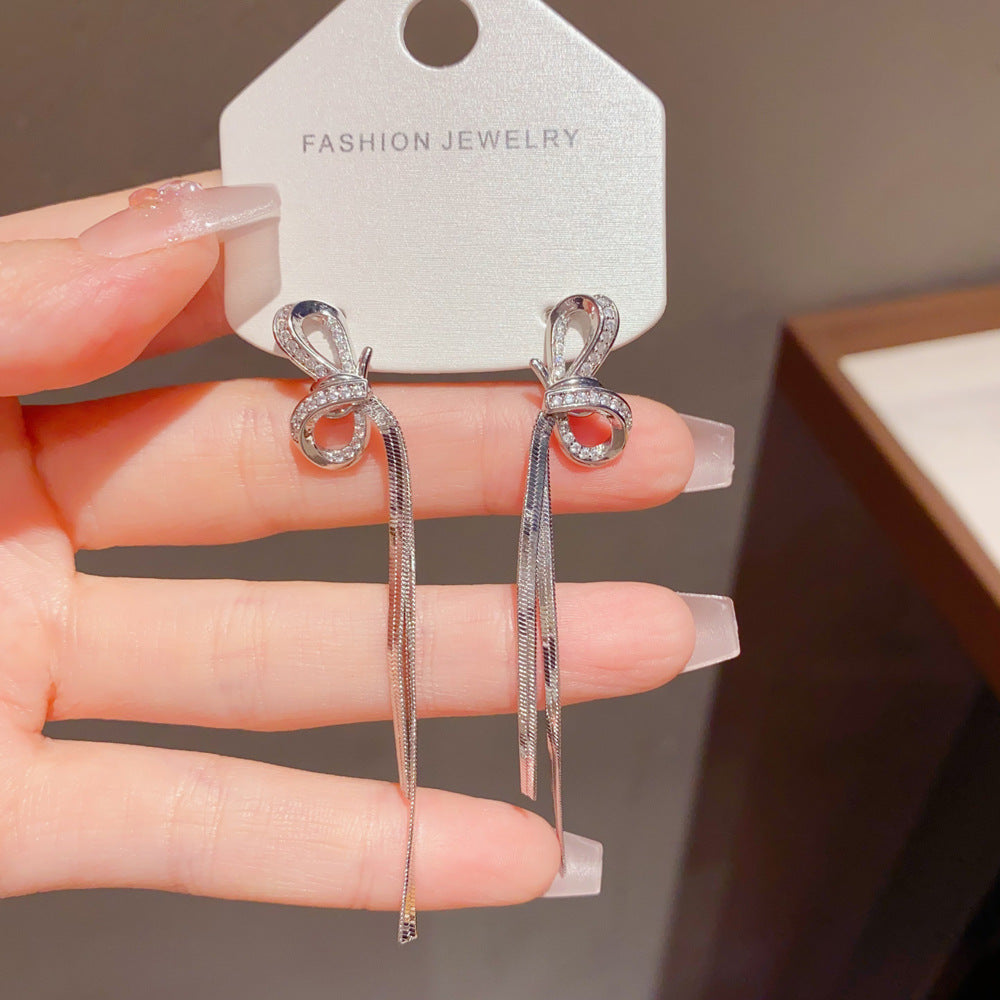 Bow Tie Tassel Drop Earrings For Women With Copper Ear Pins, Real Gold Plated And Zircon Inlay