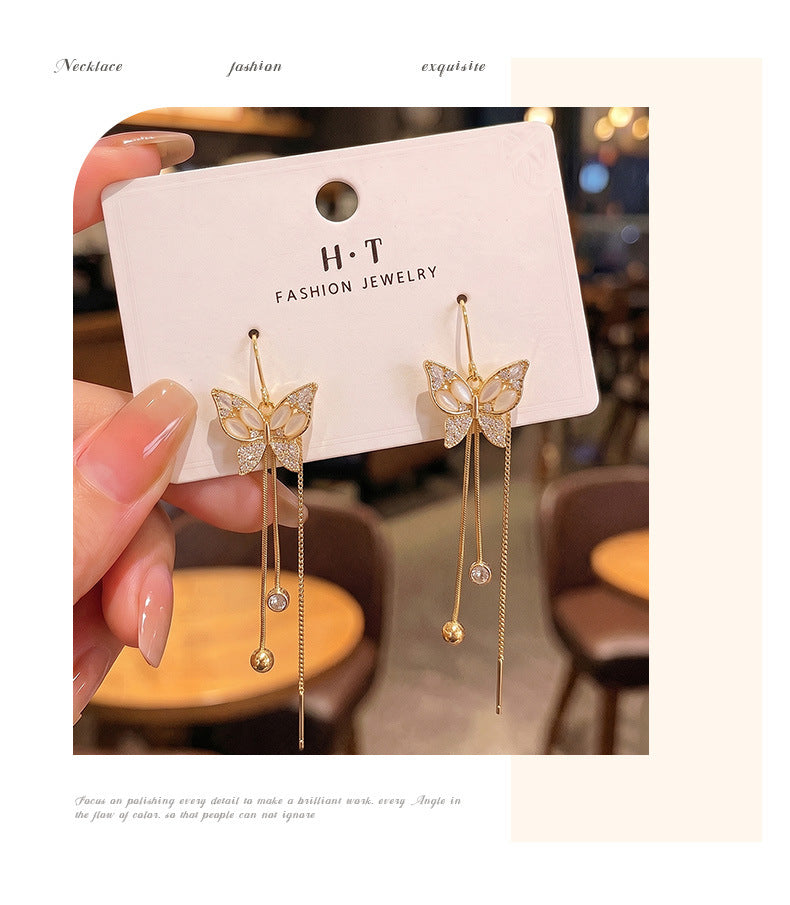 Butterfly Tassel Earrings For Women Featuring Gold Copper Design With Zircon Inlay And 925 Sterling Silver Ear Pins