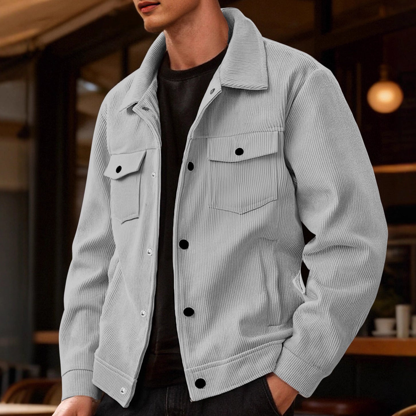 Men's Stripe Single Breasted Blouse Jacket In Polyester Fabric Featuring Jacquard Craftsmanship