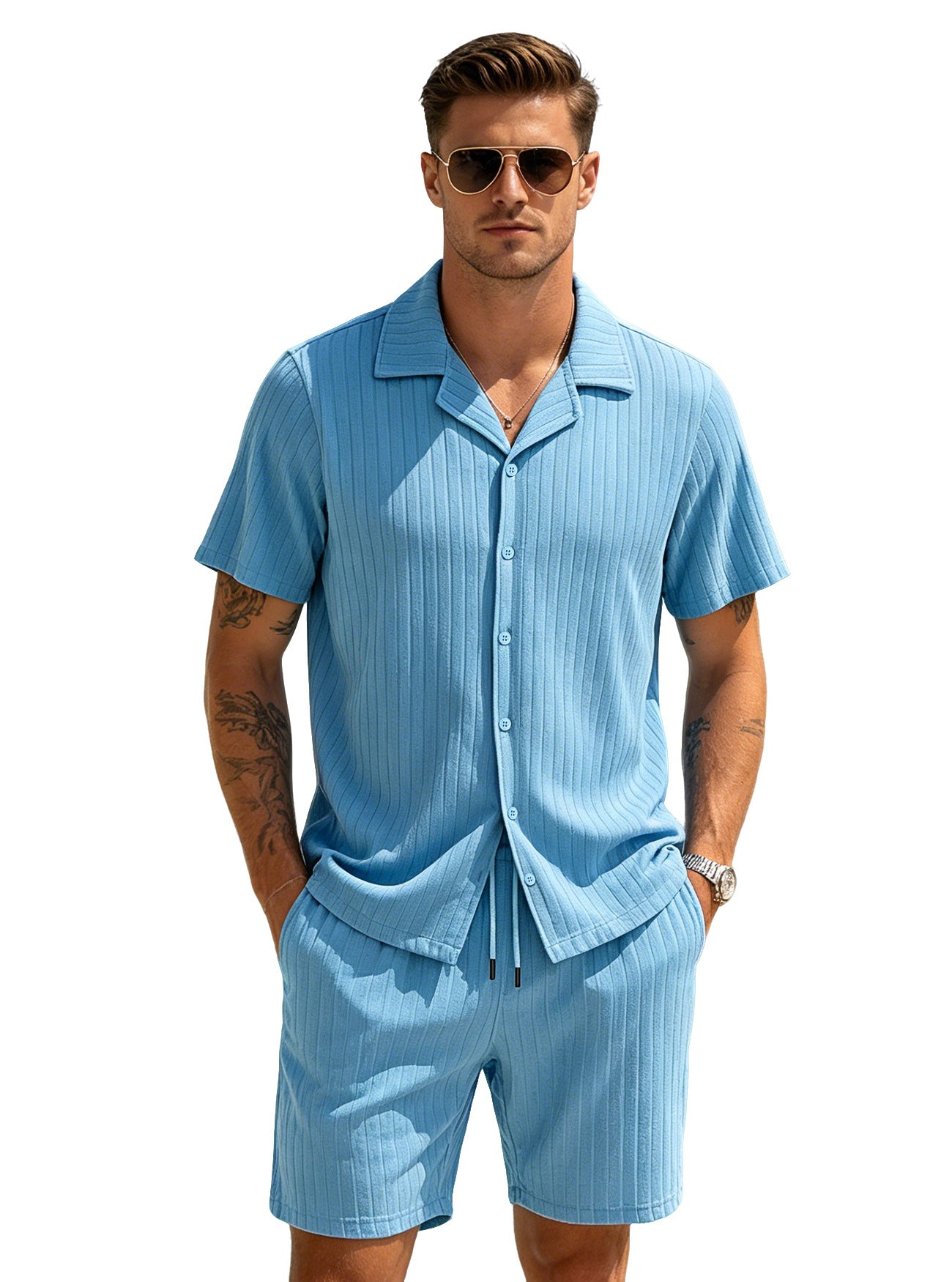 Men's Casual Light Blue Polyester Shorts Co-ord Set Perfect For Everyday Wear