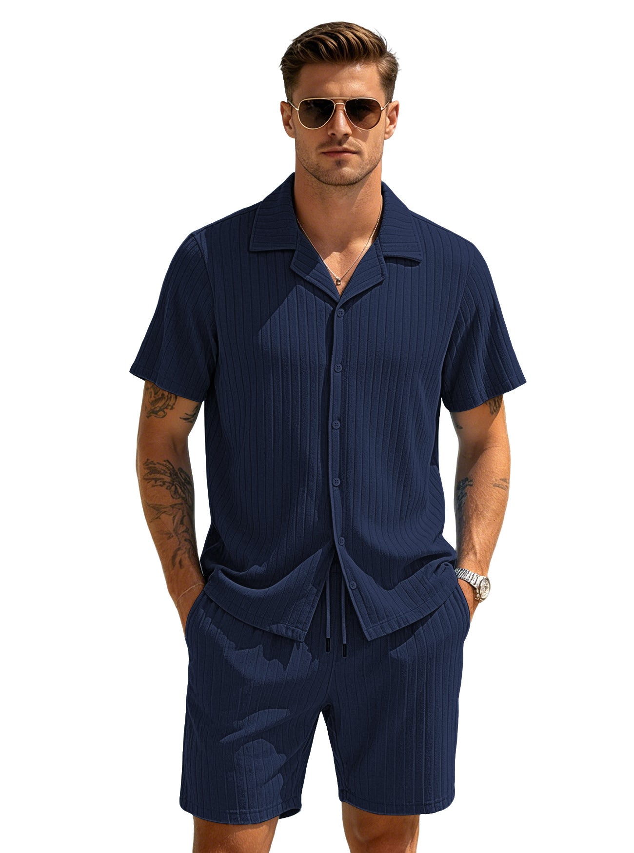 Men's Casual Light Blue Polyester Shorts Co-ord Set Perfect For Everyday Wear