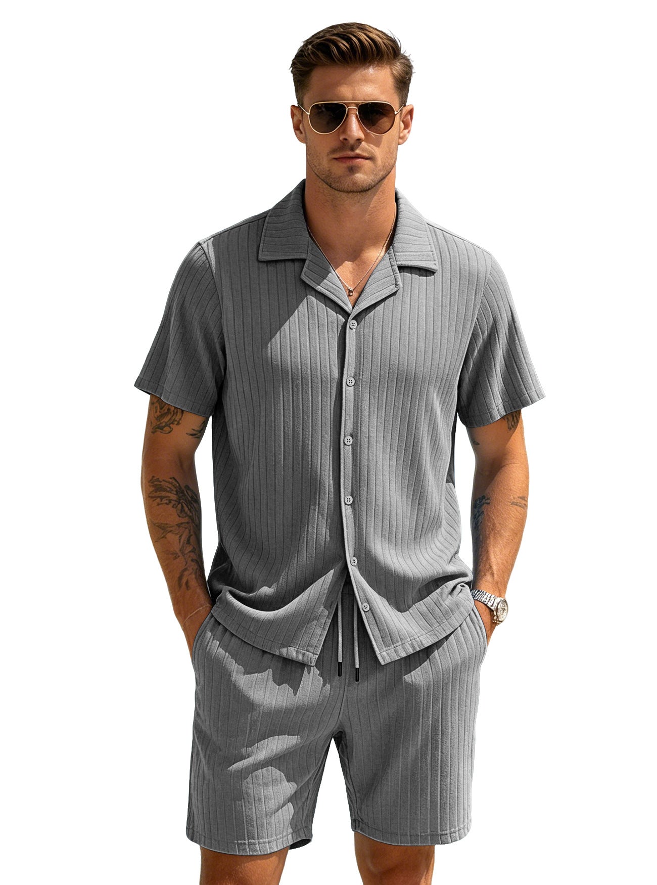Men's Casual Light Blue Polyester Shorts Co-ord Set Perfect For Everyday Wear
