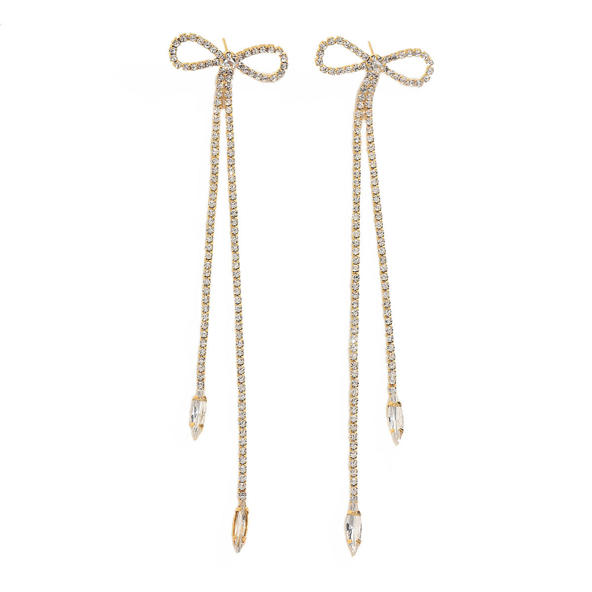 Sweet Gold Bow Tie Tassel Earrings For Women Featuring Rhinestones Inlay
