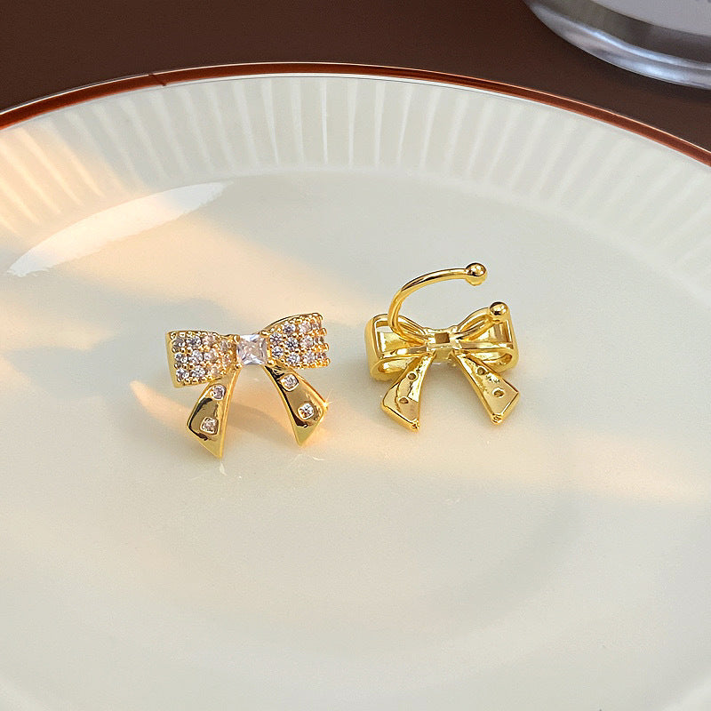 Bow Tie Clip Earrings For Women In Simple Style, Copper Ear Pins With Real Gold Electroplated Finish