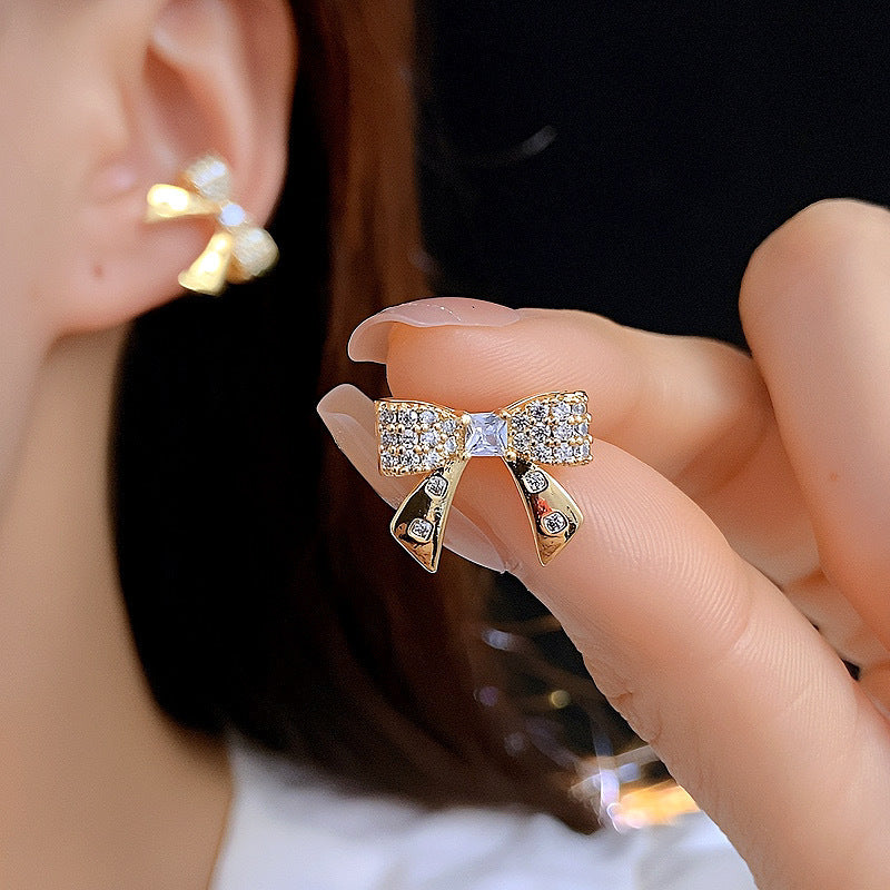 Bow Tie Clip Earrings For Women In Simple Style, Copper Ear Pins With Real Gold Electroplated Finish