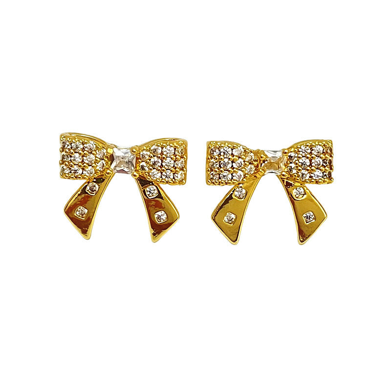 Bow Tie Clip Earrings For Women In Simple Style, Copper Ear Pins With Real Gold Electroplated Finish