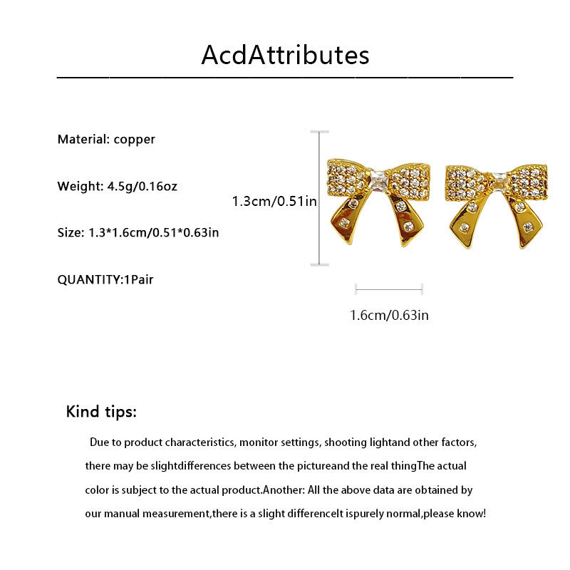 Bow Tie Clip Earrings For Women In Simple Style, Copper Ear Pins With Real Gold Electroplated Finish