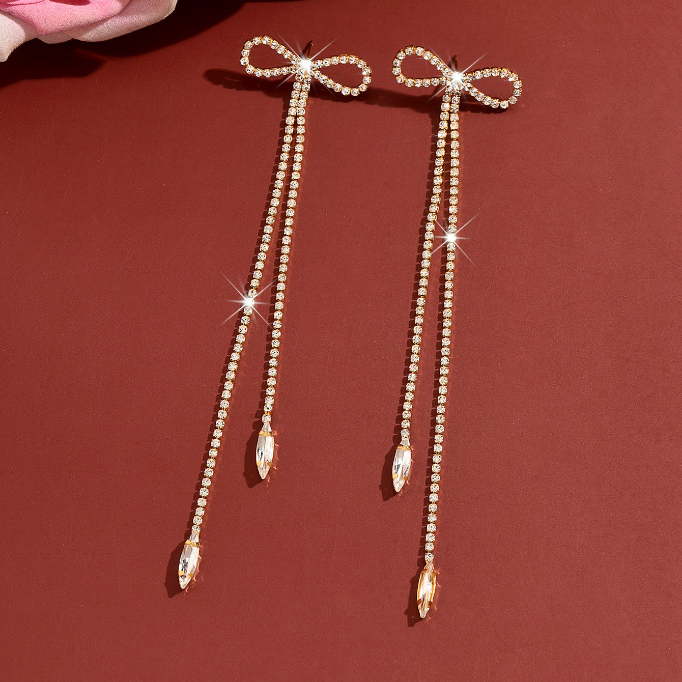 Sweet Gold Bow Tie Tassel Earrings For Women Featuring Rhinestones Inlay