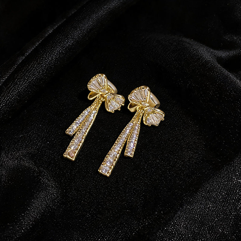Bow Tie Clip Earrings For Women In 14K Real Gold Plated Copper With Zircon Inlay, Elegant Gold Tone Accessories