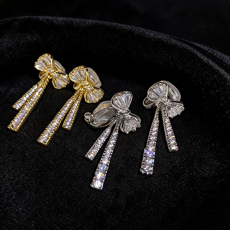 Bow Tie Clip Earrings For Women In 14K Real Gold Plated Copper With Zircon Inlay, Elegant Gold Tone Accessories
