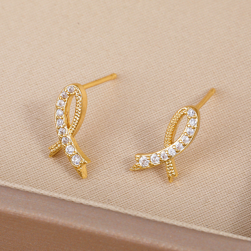 Butterfly Stud Earrings For Women In Sweet Style, Copper Ear Pins With Electroplated Alloy And Zircon Inlay