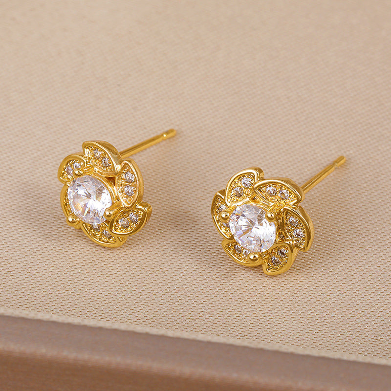 Butterfly Stud Earrings For Women In Sweet Style, Copper Ear Pins With Electroplated Alloy And Zircon Inlay