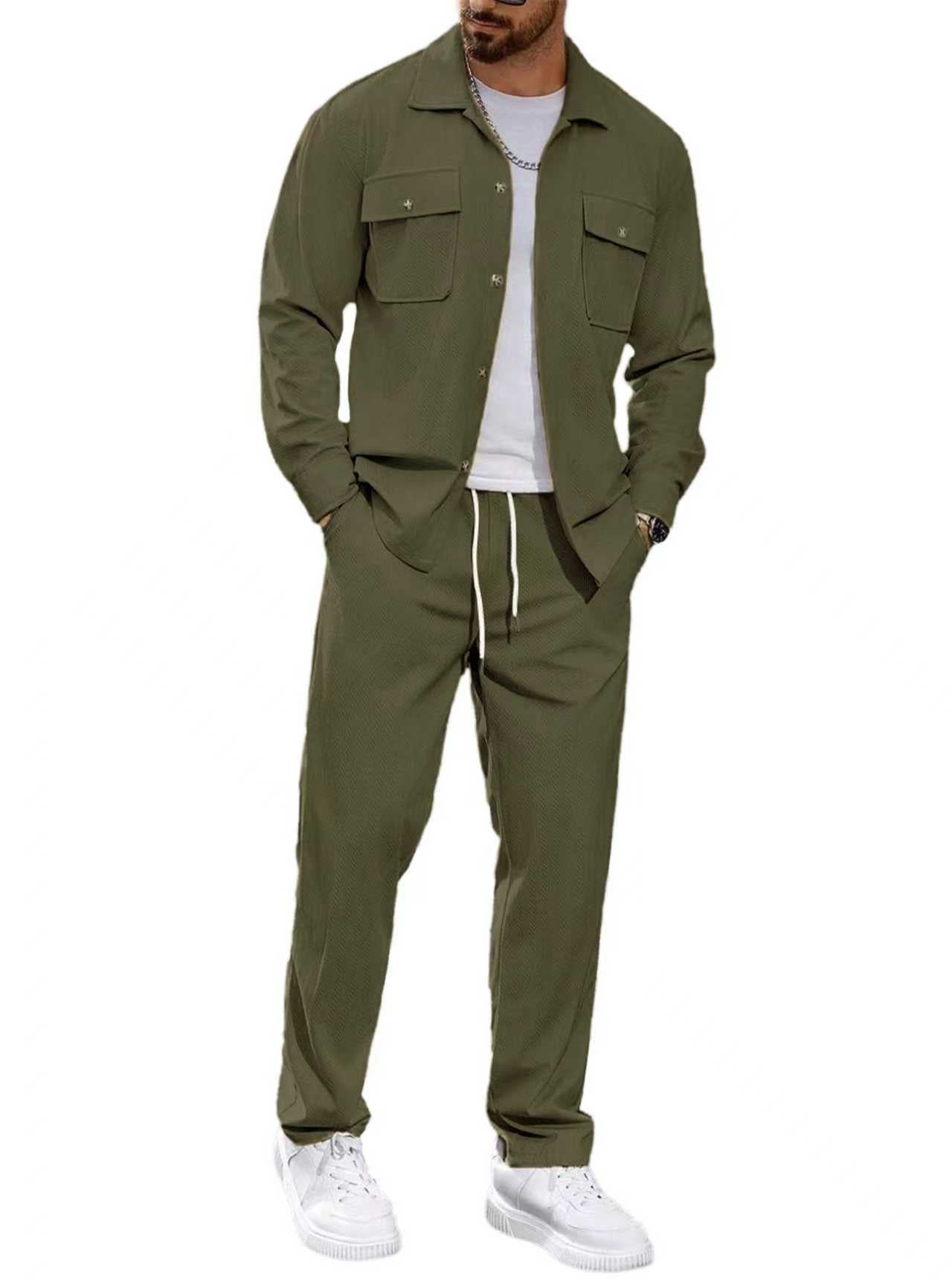 Men's Casual Solid Color Army Green Straight Pants Pant Co-ord Set In Polyester Fabric With Button Detail