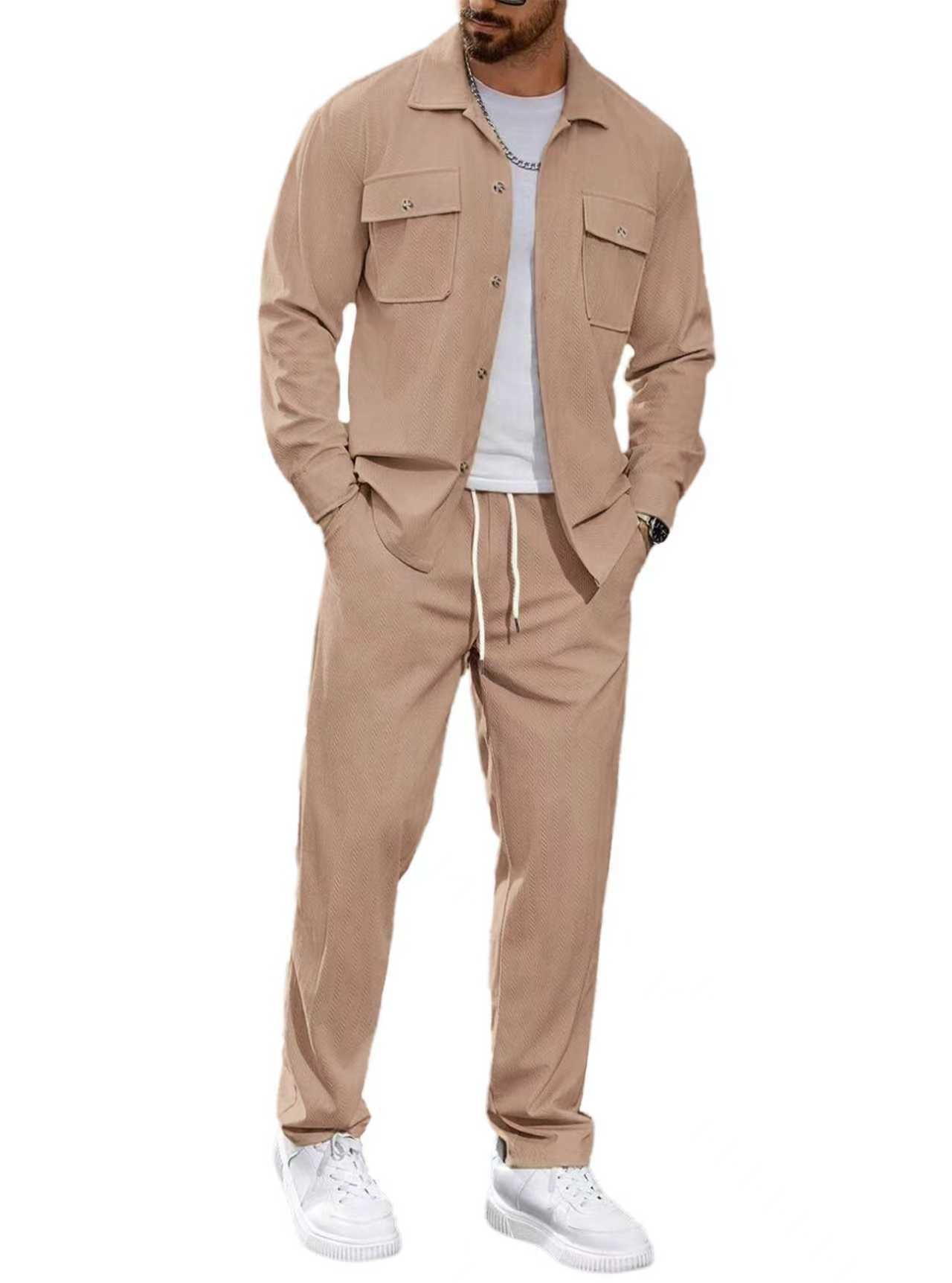 Men's Casual Solid Color Army Green Straight Pants Pant Co-ord Set In Polyester Fabric With Button Detail