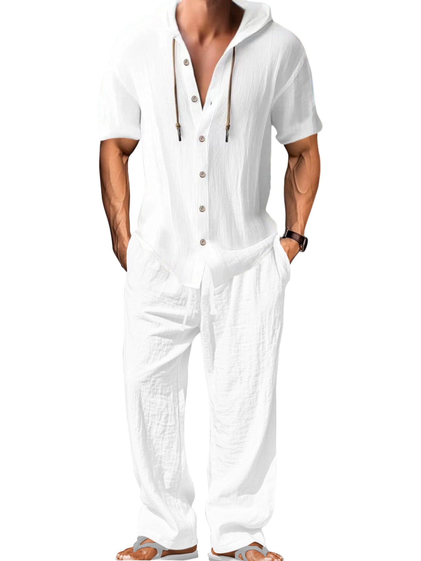 Men's Casual White Cotton Pant Co-ord Set Featuring Hooded Design For Comfortable Everyday Wear