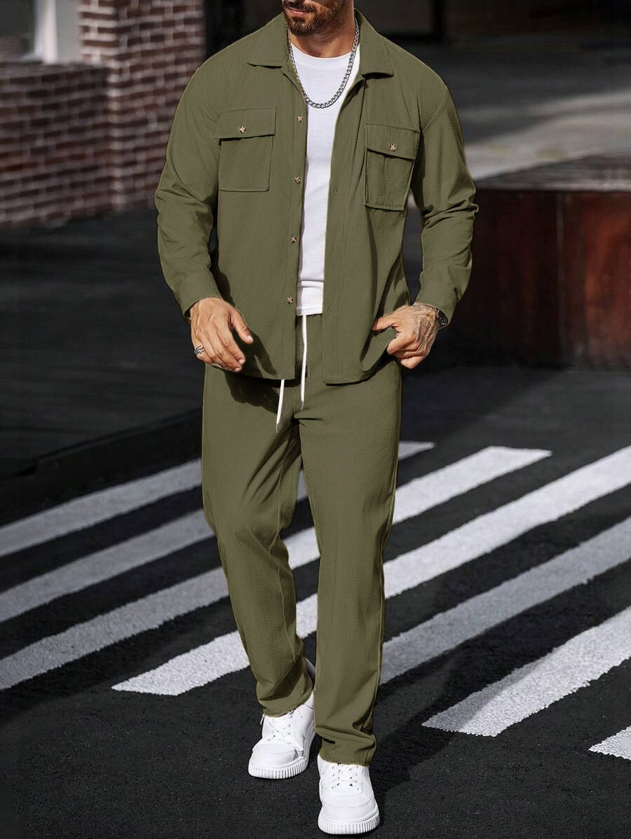 Men's Casual Solid Color Army Green Straight Pants Pant Co-ord Set In Polyester Fabric With Button Detail
