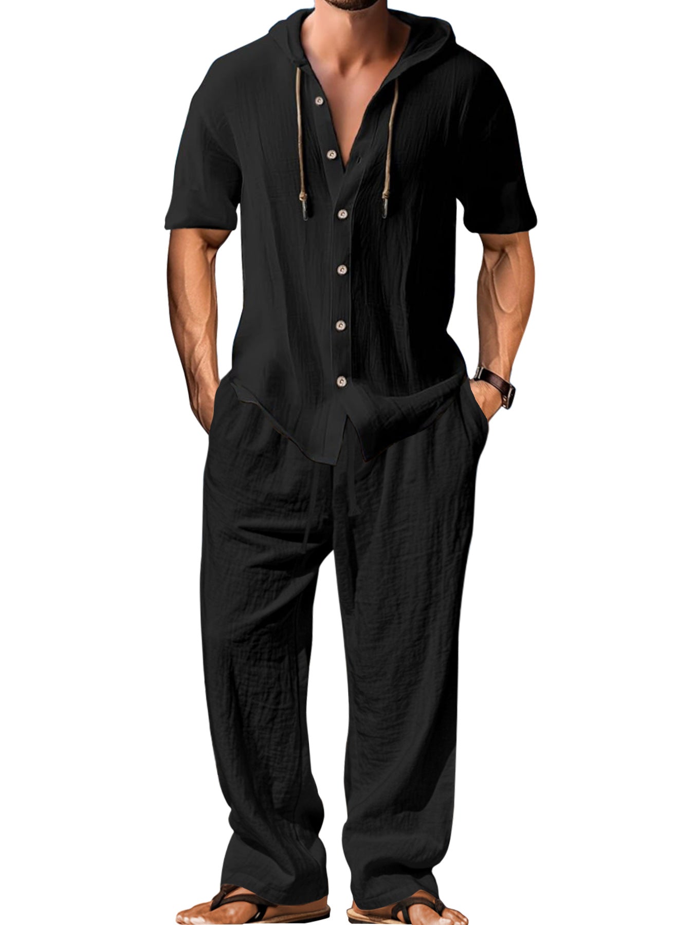 Men's Casual White Cotton Pant Co-ord Set Featuring Hooded Design For Comfortable Everyday Wear