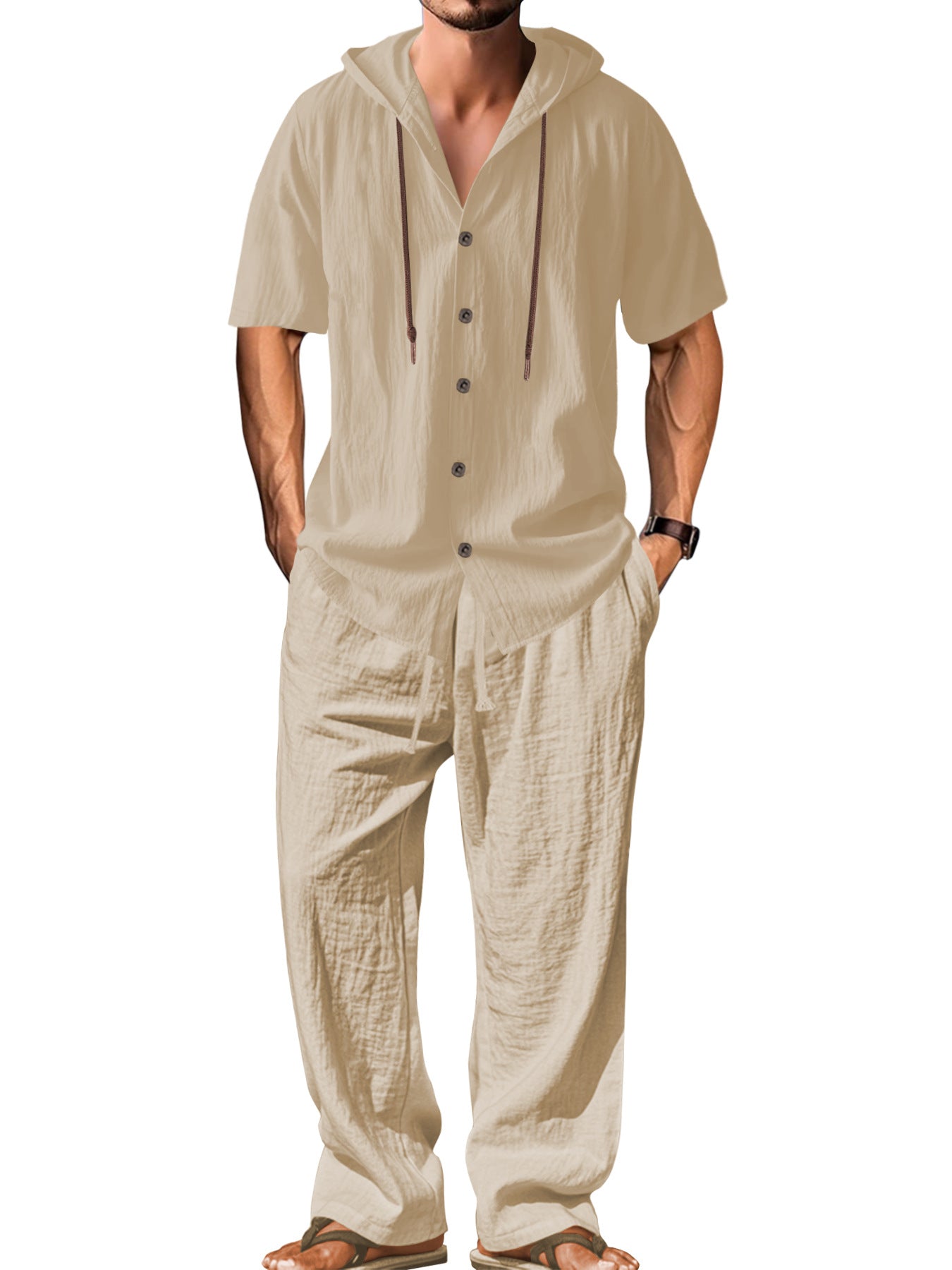 Men's Casual White Cotton Pant Co-ord Set Featuring Hooded Design For Comfortable Everyday Wear