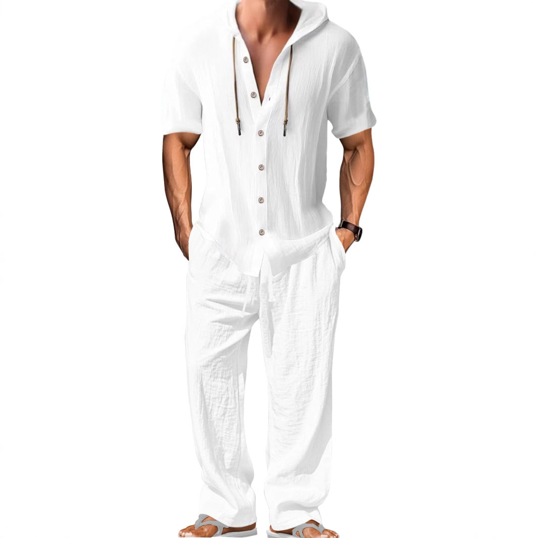 Men's Casual White Cotton Pant Co-ord Set Featuring Hooded Design For Comfortable Everyday Wear