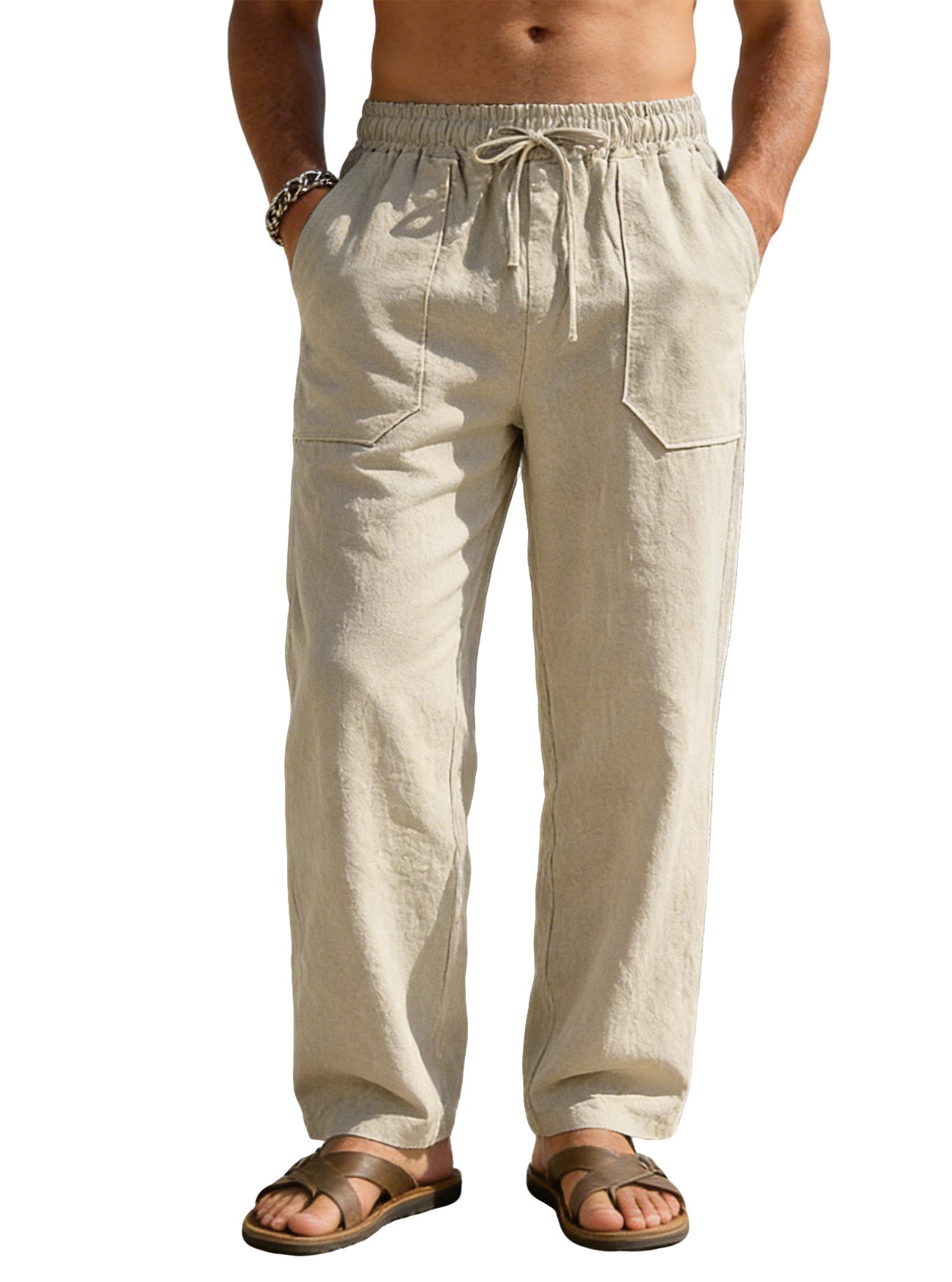 Men's Solid Color Wide Leg Full Length Casual Pants In Linen Fabric With Hip-Hop Style