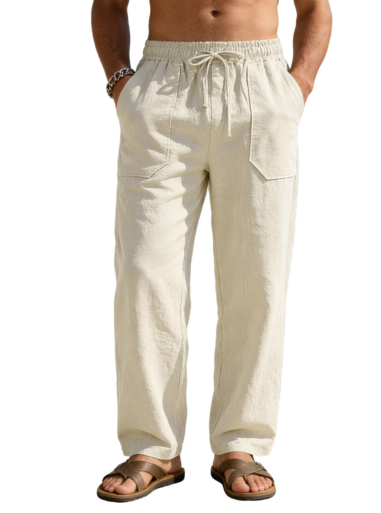 Men's Solid Color Wide Leg Full Length Casual Pants In Linen Fabric With Hip-Hop Style