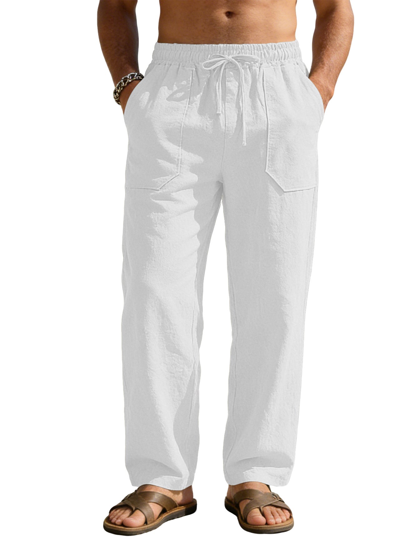 Men's Solid Color Wide Leg Full Length Casual Pants In Linen Fabric With Hip-Hop Style